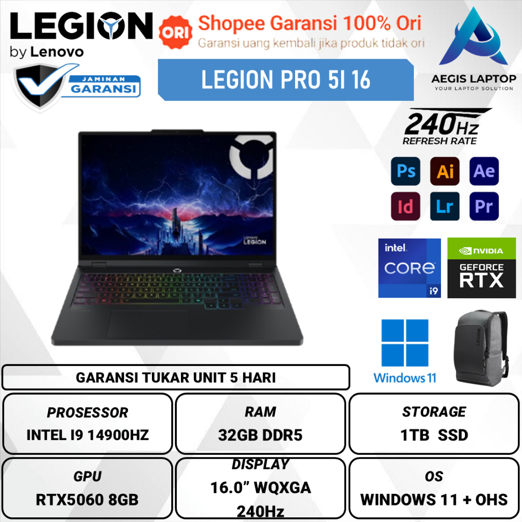 Lenovo Legion Pro 5i 16 Core I9 14900HZ RTX5060 8Gb RAM 32Gb SSD 1Tb W11+Ohs 16.0 Wqxga 240Hz