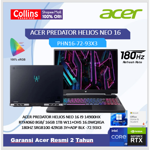 Acer Predator Helios Neo 16 Core i9 14900HX RTX4060 8GB RAM 16GB 1TB 16.0WQXGA180HZ SRGB100 4ZRGB