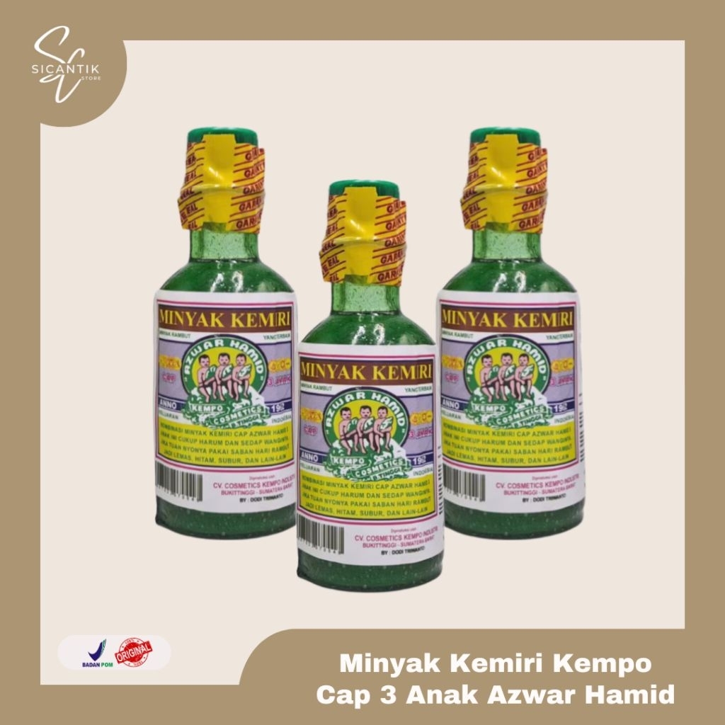 MINYAK KEMIRI CAP 3 ANAK 35 ML BOTOL KACA | MINYAK KEMIRI ASLI AZWAR HAMID BUKITTINGGI MINYAK RAMBUT