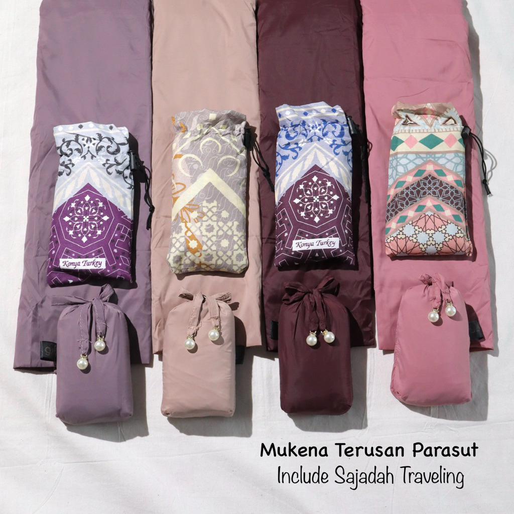 Full Set Mukena Terusan Traveling 2in1 Parasut Korea Premium + Sajadah Traveling Motif Kashmeer