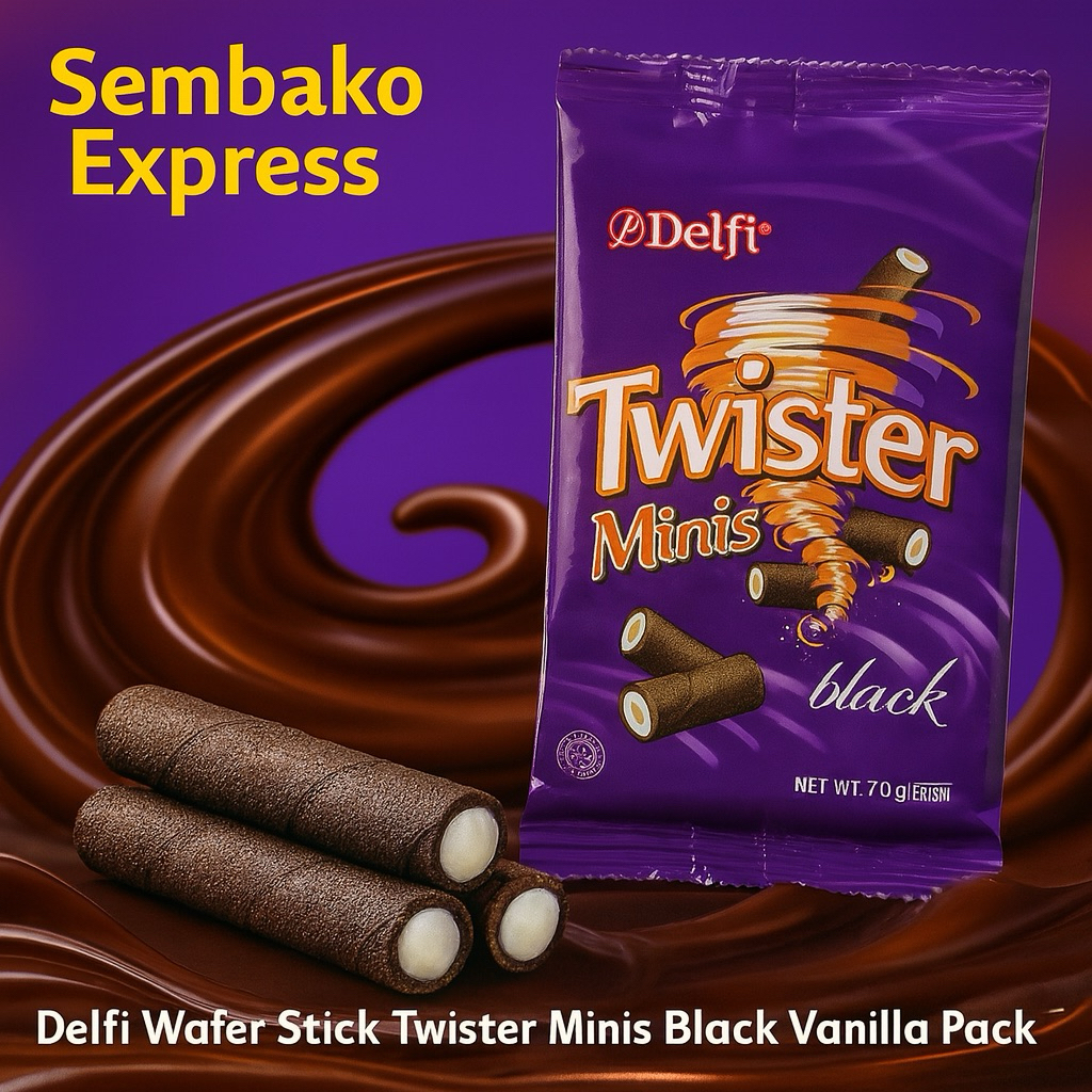 

Delfi Twister Minis Wafer Stick Black Vanilla 70 g – Renyah di Luar, Lembut di Dalam