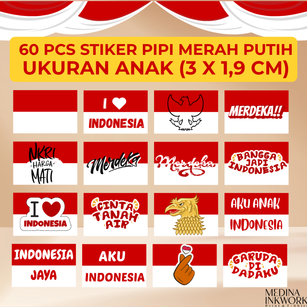 

Stiker pipi merah putih 60 pcs ukuran anak (3 x 1,9 cm) /stiker bendera pipi / Stiker tempel pipi / Ukuran Anak kecil / Stiker agustusan / Stiker pipi agustusan / Stiker pipi lucu / stiker pipi 17 agustusan / stiker pipi merdeka