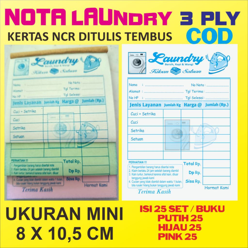 

nota laundry 3 ply ukuran mini 8 x10, 5 cm. isi 25 set. Readystock