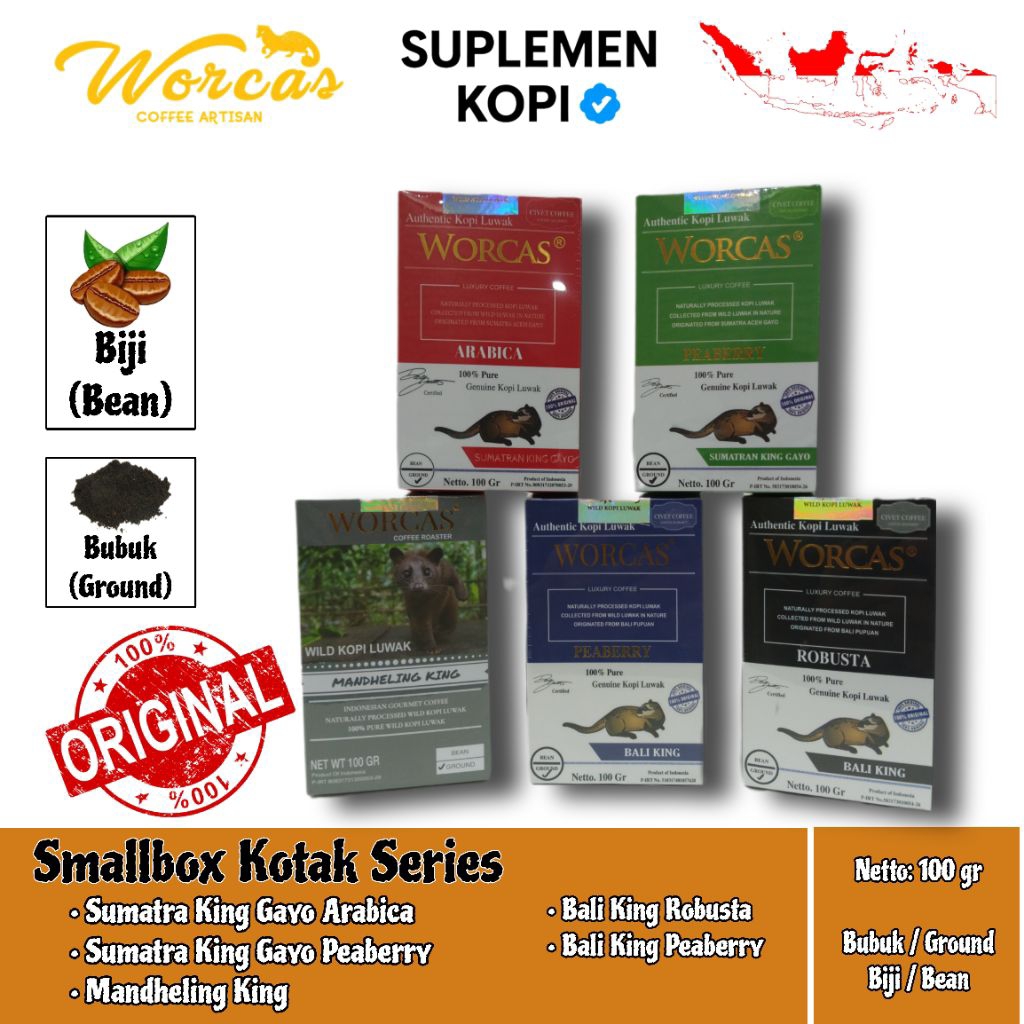 

Worcas Luwak Coffee Sumatra King Gayo Arabica, Bali Robusta. Kemasan Small Box isi 100 gram