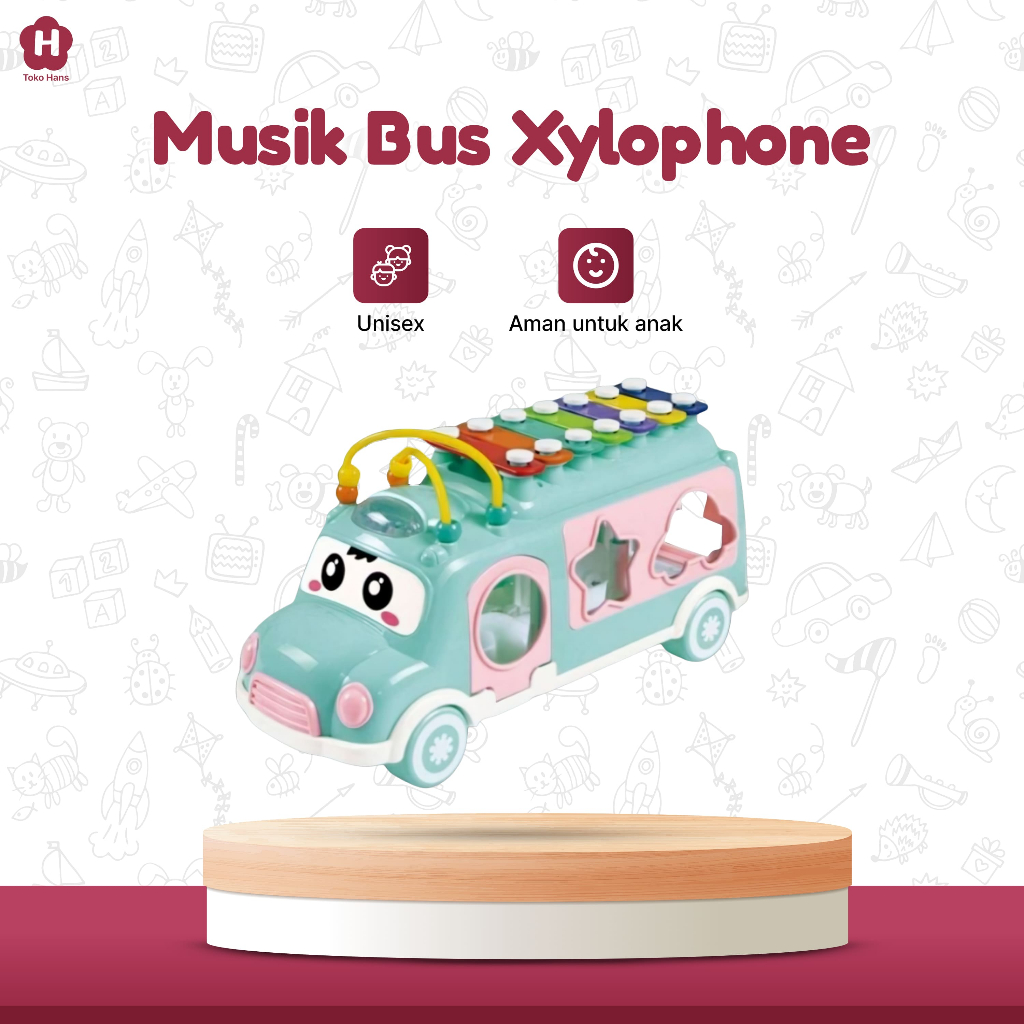 Hanstoy House - Mainan Edukasi | 2 in 1 Music Bus Xylophone Shape Sorting Puzzle Block - Mainan Anak