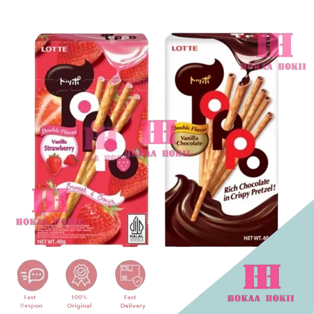 

Lotte Toppo Biskuit Stik Double Flavor Strawberry Vanila & Chocolate Vanila 40gr
