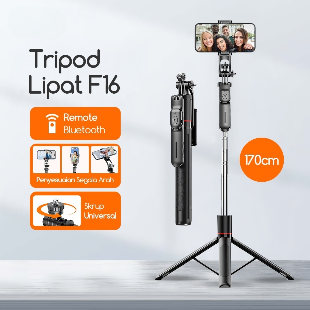 F16 Tongsis Stabilizer HP Tripod Panoramic 360°, Tongkat Selfie Bluetooth Remote Panjang 1708mm deng