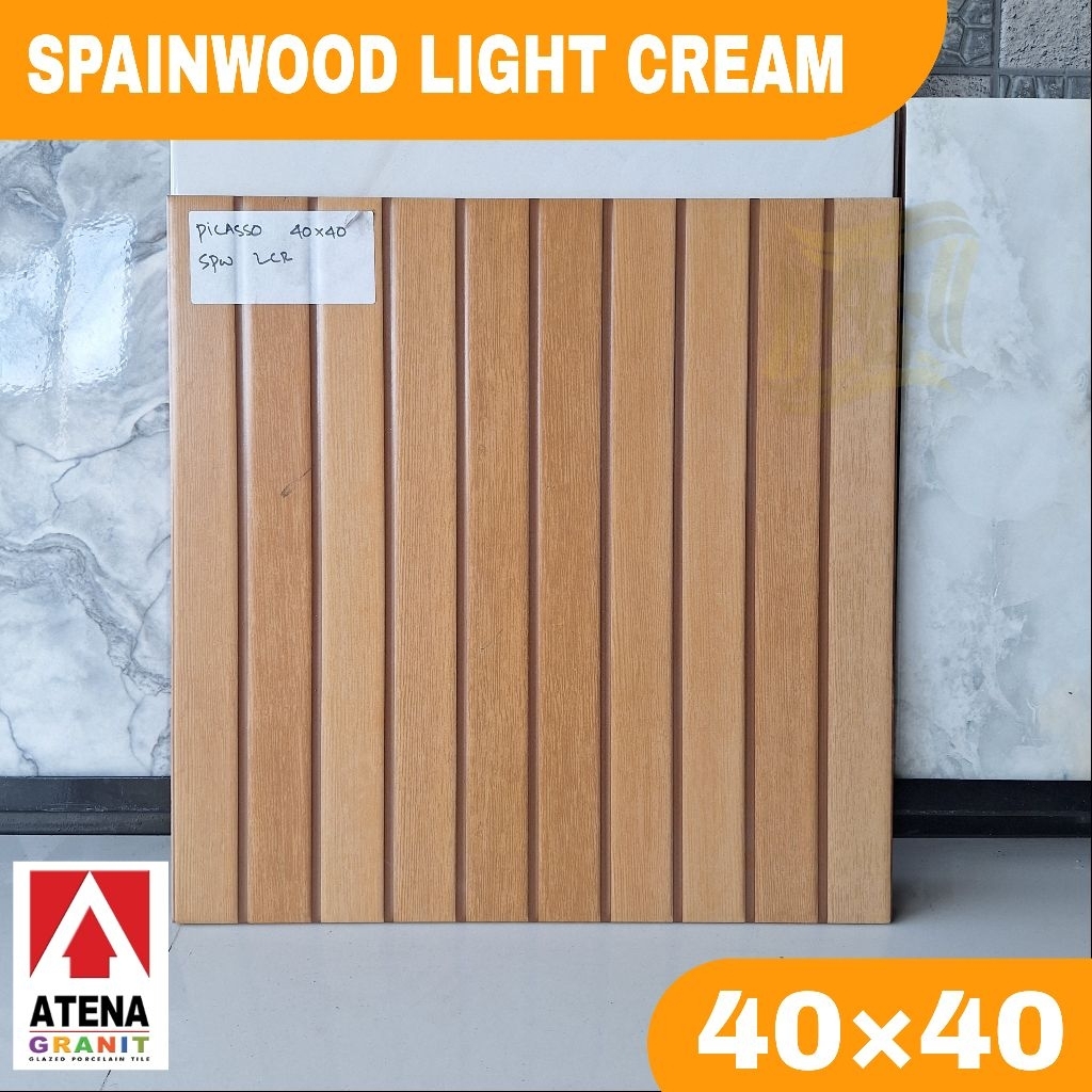 Keramik lantai motif kayu murah 40×40 ATENA Spainwood light cream keramik garasi, carport, teras, da