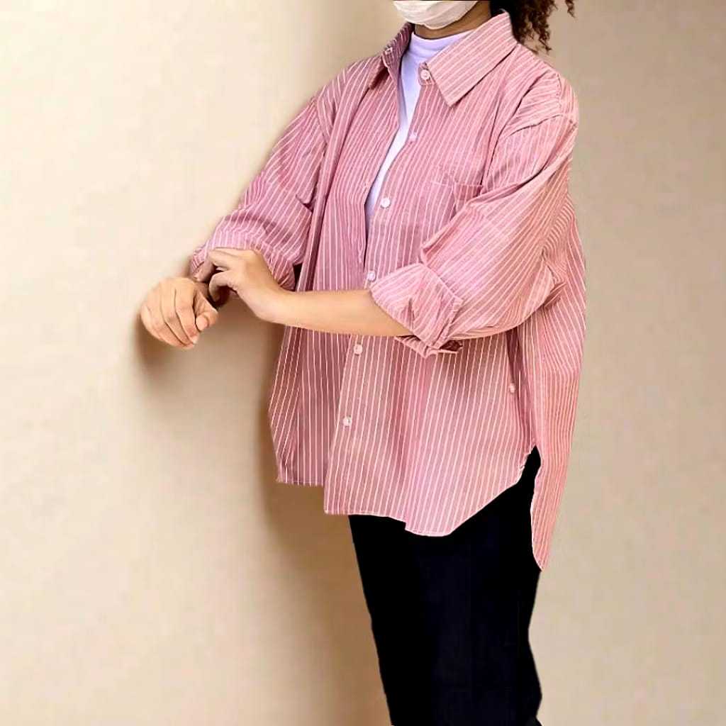 Kemeja Salur Wanita katun / Kemeja Stripes Oversize Garis-Garis / Atasan Wanita Motif Salur Garis