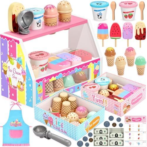 NNOCHEER Ice Cream Toy, Wooden Ice Cream Play Set, Pretend Play Kitchen Toys, for Toddlers,
