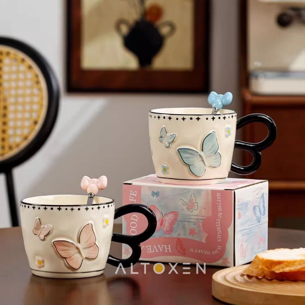 MUG & SPOON (1 SET) Cangkir Keramik Mug Butterfly Embossed Cute Mug Ceramic Gift Hampers Giftbox Kor
