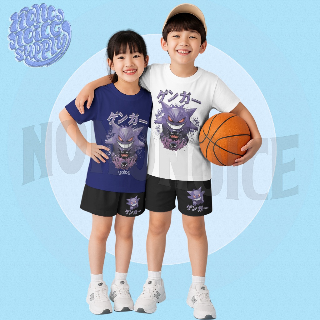 Setelan Kaos Anak Gengar Pokemon / Baju Celana Pendek Setelan Anak Pokemon Gengar Usia 3-12 Tahun