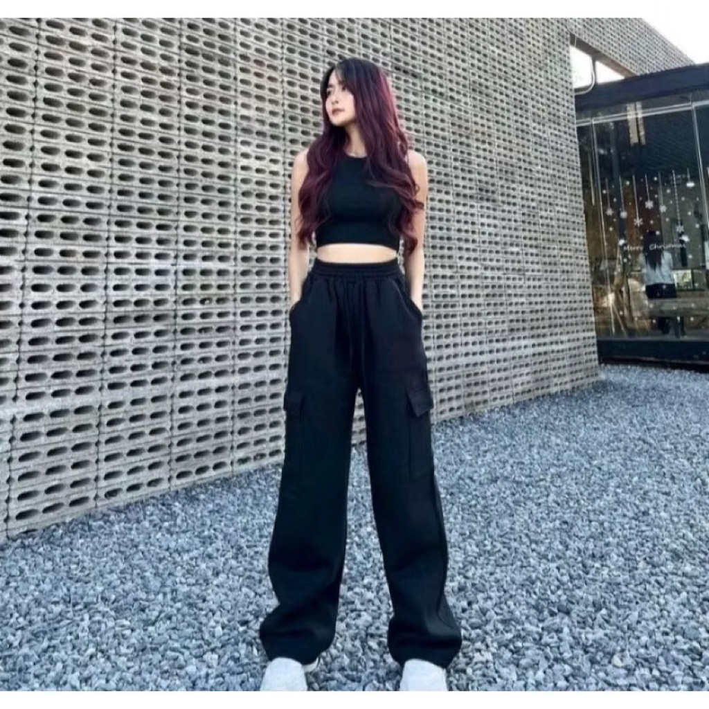 O2 PROJECT- CARGO PANTS | Celana Cargo Wanita Jogger Highwaist Cewe bahan Fleece Kulot Sweatpants Ce