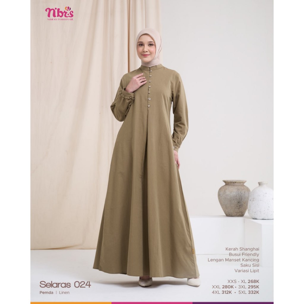 Nibras Selaras 024 | Gamis Linen Premium Adem & Elegan, Desain Simple Kekinian, Nyaman, Model Elegan
