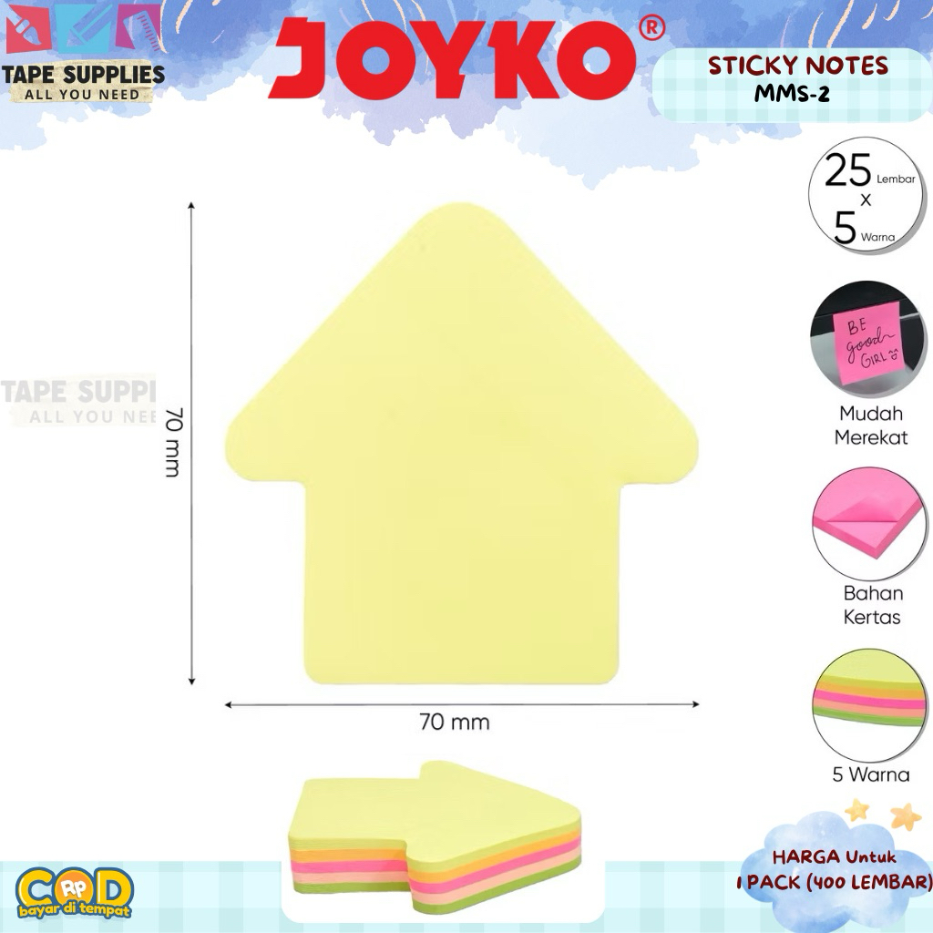 

(125 LEMBAR) Sticky Notes Joyko MMS-5 Bentuk Panah / Memo Tempel 5 Warna 70x70mm