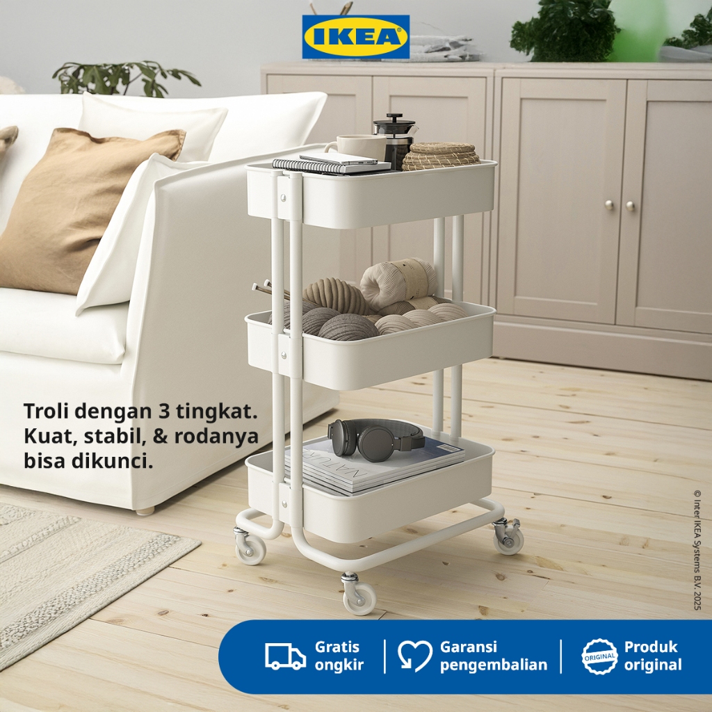 IKEA RASKOG Troli Dapur dengan 3 Rak Serbaguna Putih 35x45x78 cm