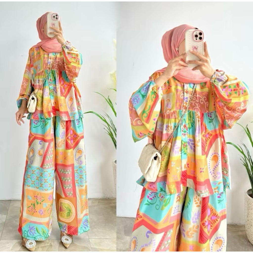 ONE SET LAURA SET MOTIF PREMIUM TERBARU RAYON PREMIUM/SET KEMEJA CELANA KULOT BUNDLING CELANA DAN BA