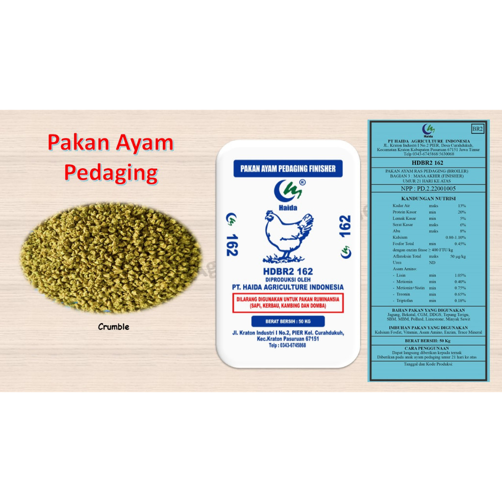 Pakan Ayam Broiler Pedaging Finisher Usia 21 Ke Atas Protein 20% Haida 162 (1KG)