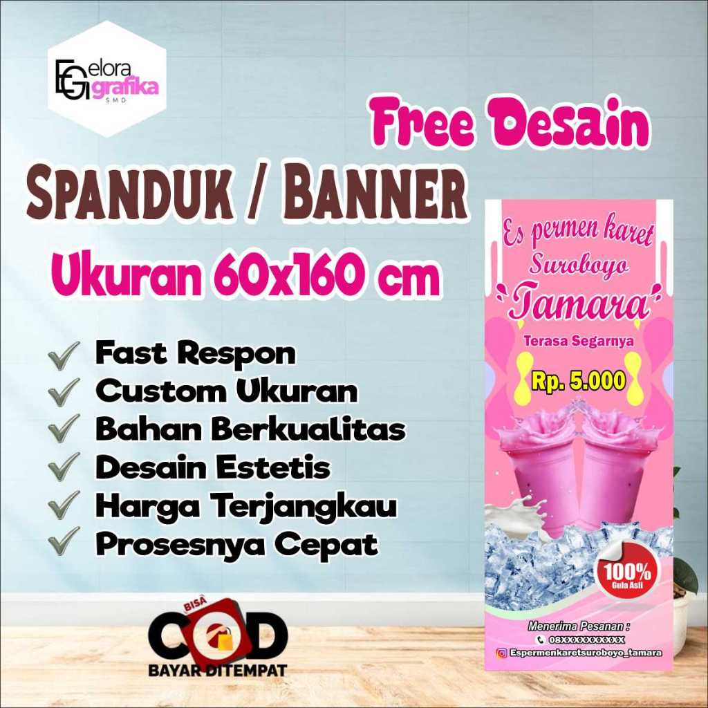 Spanduk Banner Ukuran 60x160 Cm Es Permen Karet Pink Free Custom Desain