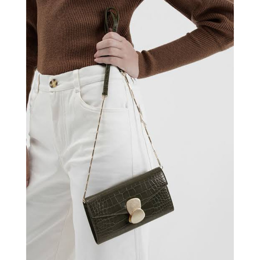 New With Tag charles and keith wallet Shoulder Bag Metal Lock Croco army