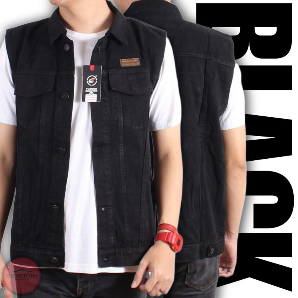 Vest Jeans Black Casual | Rompi Hitam Pria Original Flower Country