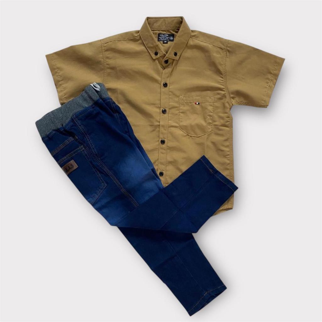 Setelan kemeja Anak Warna MOCCA Pendek&Panjang Celana Jeans