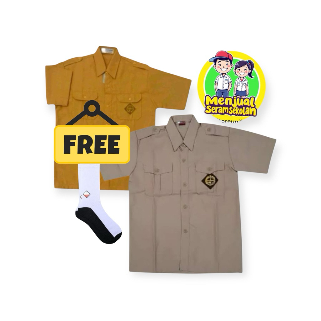 Baju pramuka penggalang sd/smp/sma.coklat dan kuning lengan pendek bordir Kemeja Pria