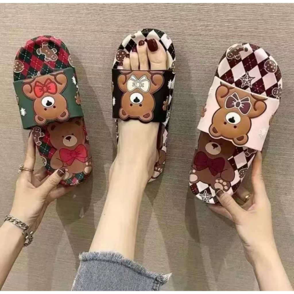 SANDAL SELOP WANITA KOREAN STYLE MOTIF KARAKTER BONEKA TEDDY BEAR UKURAN 37 SAMPAI 40 LUCU IMUT MENG