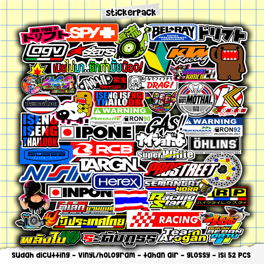 

52pcs sticker racing series part 2, stiker vinyl & hologram tahan air