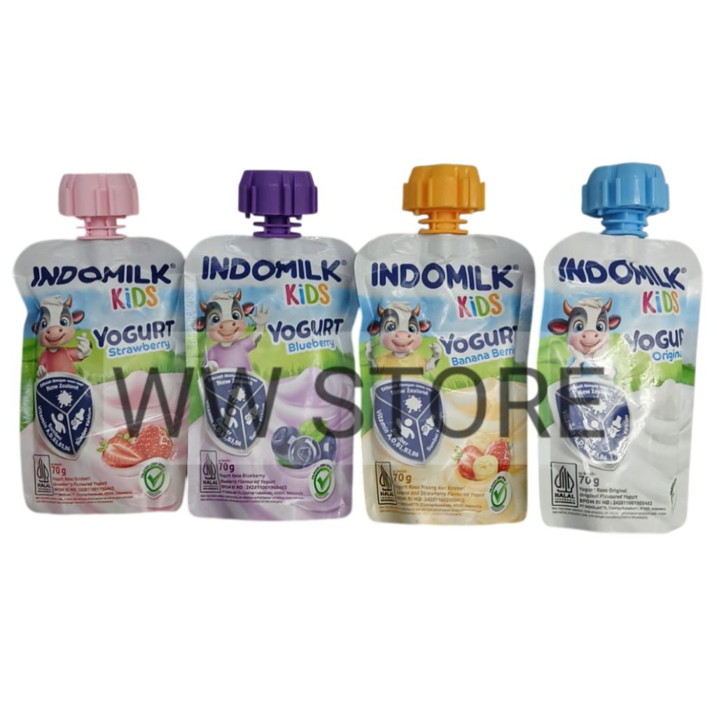 

Minuman yogurt rasa buah pisang & stroberi bluberi asli halal MUI INDOMILK KiDS Strawberry / Blueberry / Banana Berries / Original Flavoured flavor Yoghurt drink 70g