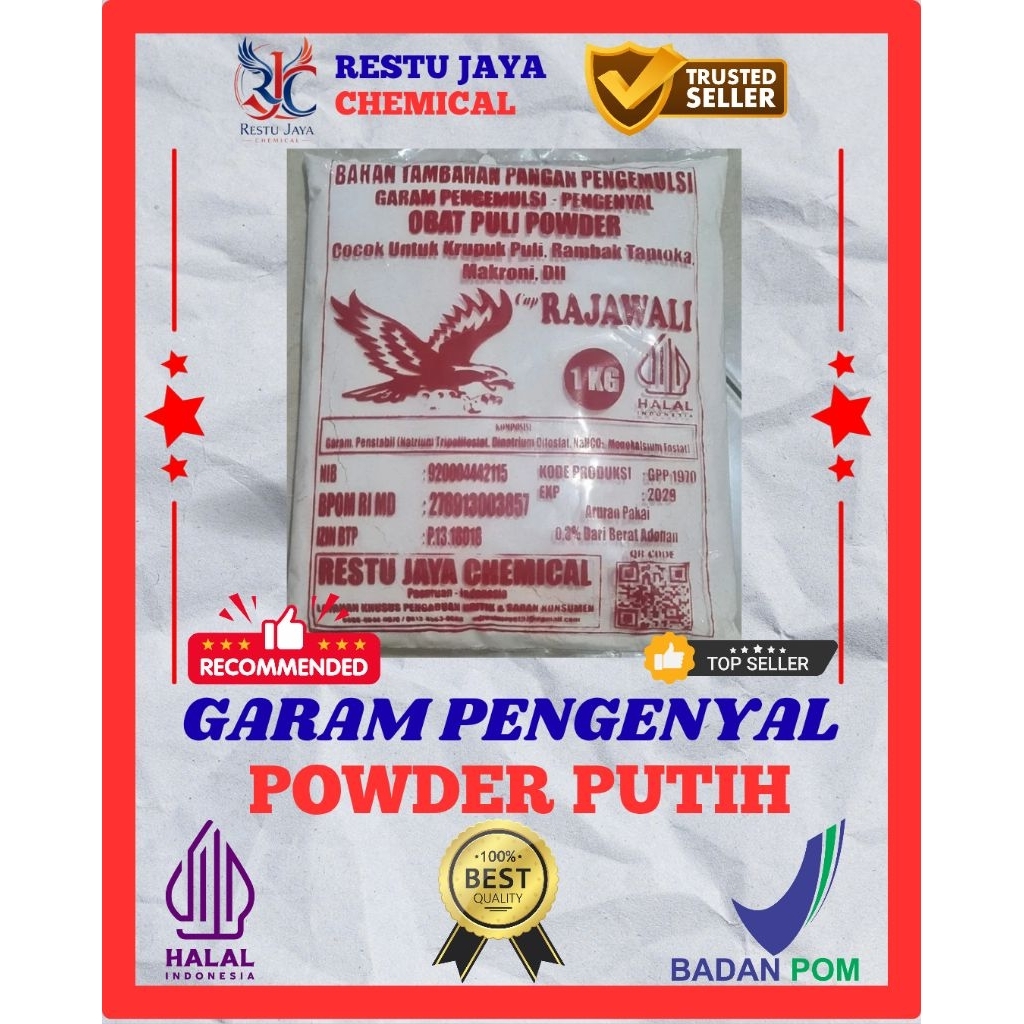 

Bahan Tambahan Pangan BLENG/Garam Pengemulsi/Garam Pengenyal/Obat Puli, Cap Rajawali, POWDER PUTIH (1 KG), Garam Pengembang dan Pengenyal Kerupuk