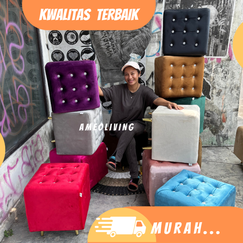 Stool Kotak Mercy 40x40cm Kancing Kristal - Stool Kaki Besi Emas - Stool Murah - Stool Dewasa - Kurs