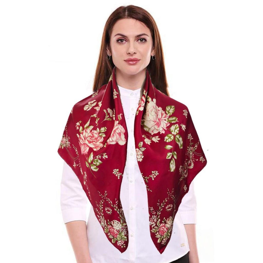 Aksesoris Scarf Roses Motif Silky Square Satin Scarf Segi Empat Maroon