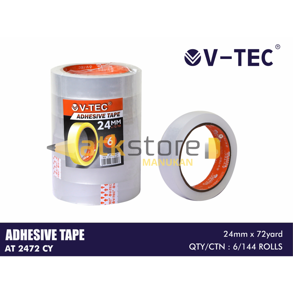 

V-TEC Adhesive Tape 24mm x 72 Yard - Lakban Bening Perekat Serbaguna AT 2472 CY (1 Pack isi 6 Roll)