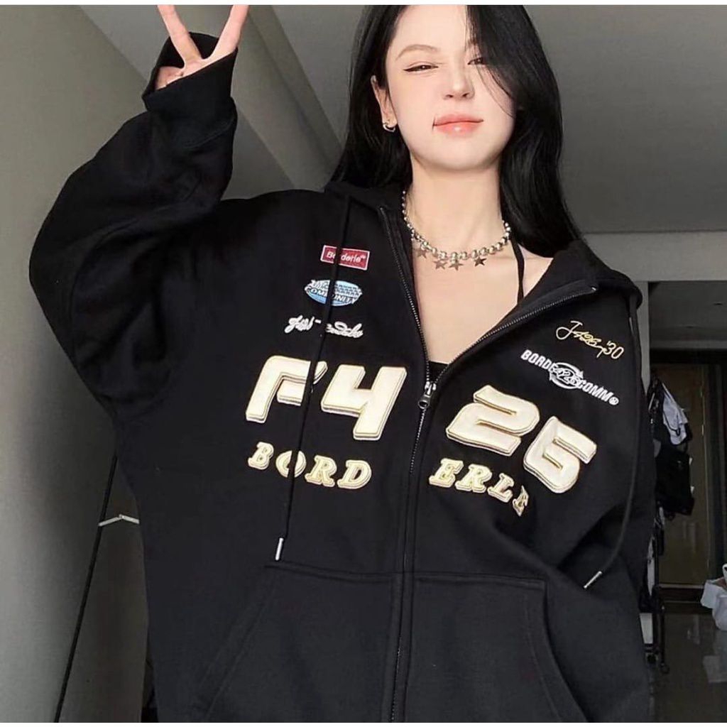SWEATER HOODIE ZIPPER UNISEX / JACKET F426 BORD ERLE SWEATER HOODI PRIA/ WANITA