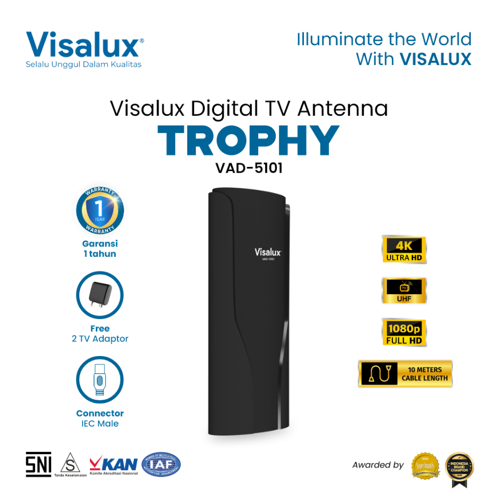Visalux Trophy Digital TV Antenna Indoor - Antena Digital Dalam Ruangan dengan Kabel 10 meter (VAD51