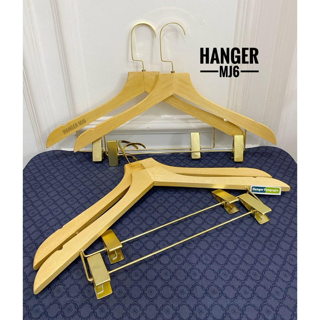 ( HOOK GOLD GEPENG 10CM ) HANGER KAYU NATURAL DEWASA KEPALA LURUS JEPIT BAJU GOLD & HOOK GOLD GEPENG