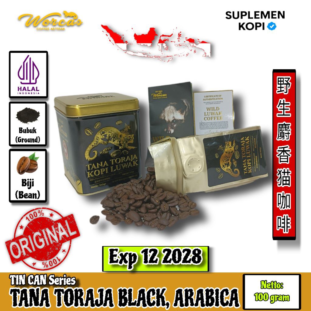

Worcas Black Tana Toraja | Worcas Wild Kopi Luwak | Tin Can 100 gram | Arabika kopi | Bubuk dan Biji