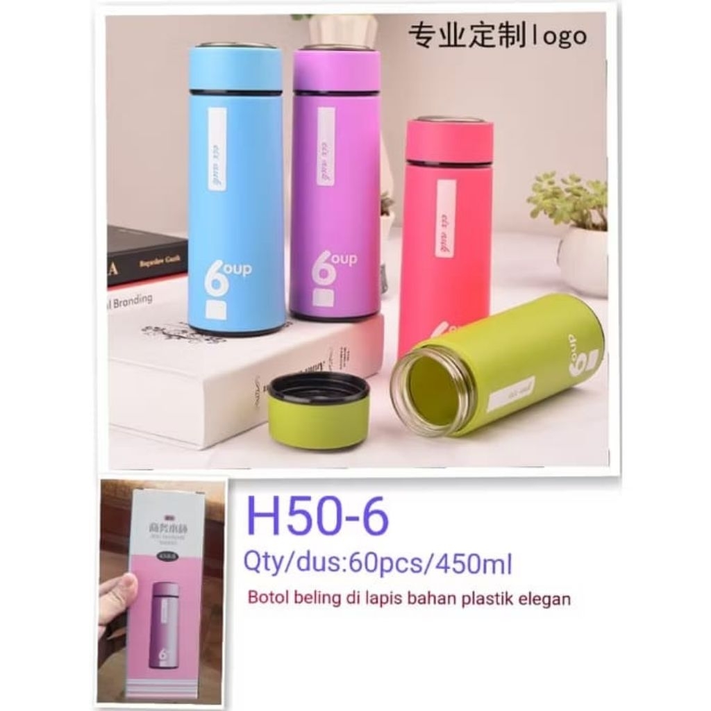 Botol Minum Kaca Six Oup 450ml / Beling cover plastik 6oup logo H50-6 / termos air mini / termos air