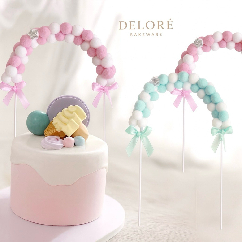 DELORÉ Cake Topper Awan Melengkung / Cake Topper Claude Pompom / Hiasan Kue Bola Awan Cloud Arch Mel