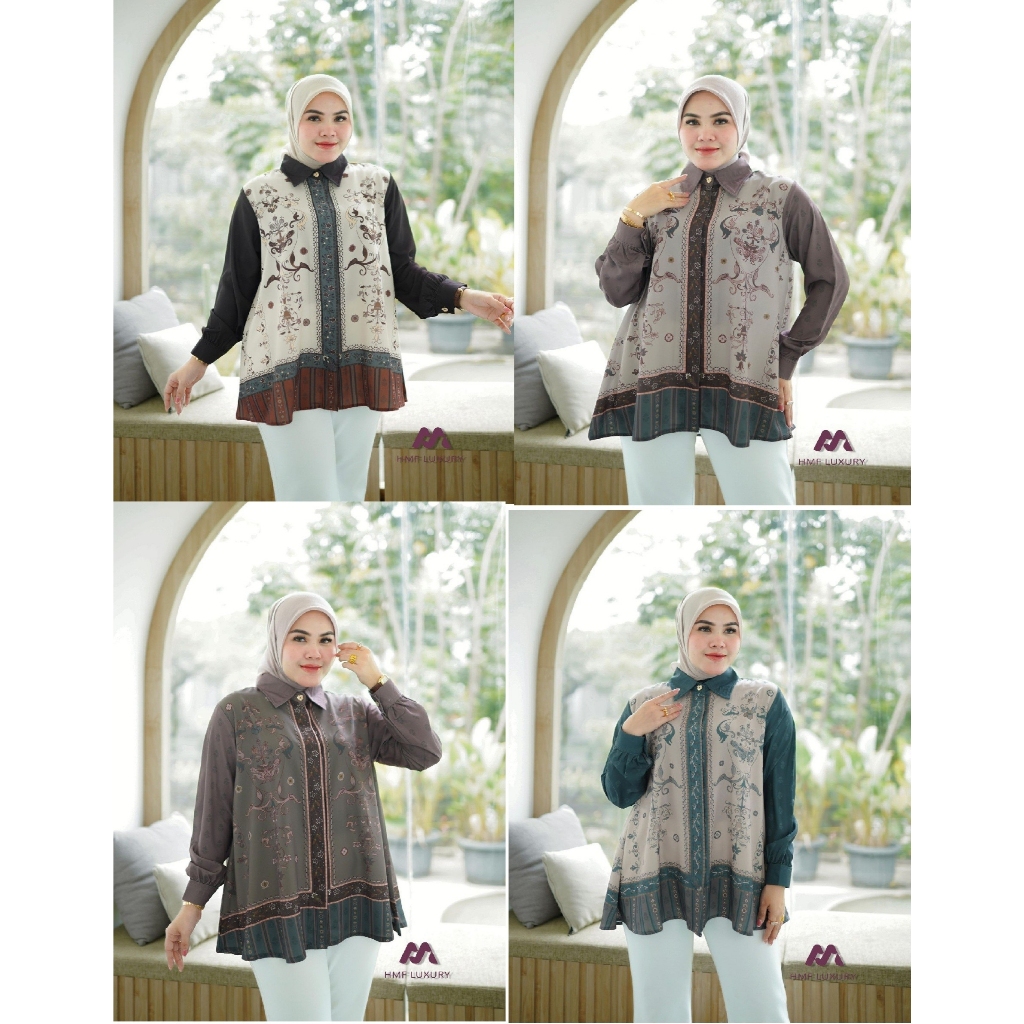 HMF tunik blouse jumbo oversize silk silky motif printing terbaru Dumma Rebeca series by HMF Luxury