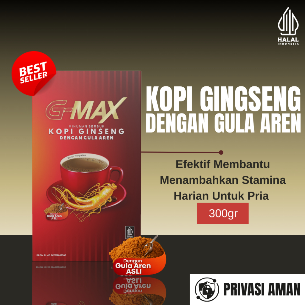 

G MAX MINUMAN KOPI GINGSENG DENGAN GULA AREN ORIGINAL BPOM HALAL ALAMI ( 1 BOX ISI 10 SACHET )