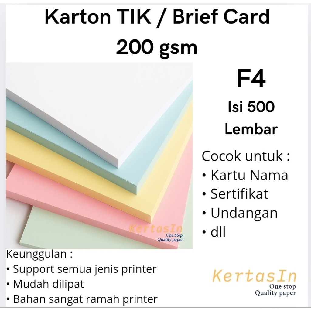 

Karton TIK / Brief Card 200 gsm F4 Isi 500 Lembar / 1 Rim Warna Pastel – Karton Manila / Brief Card Tebal - Cocok Untuk Cover, Undangan, Sertifikat dan Kartu Nama.