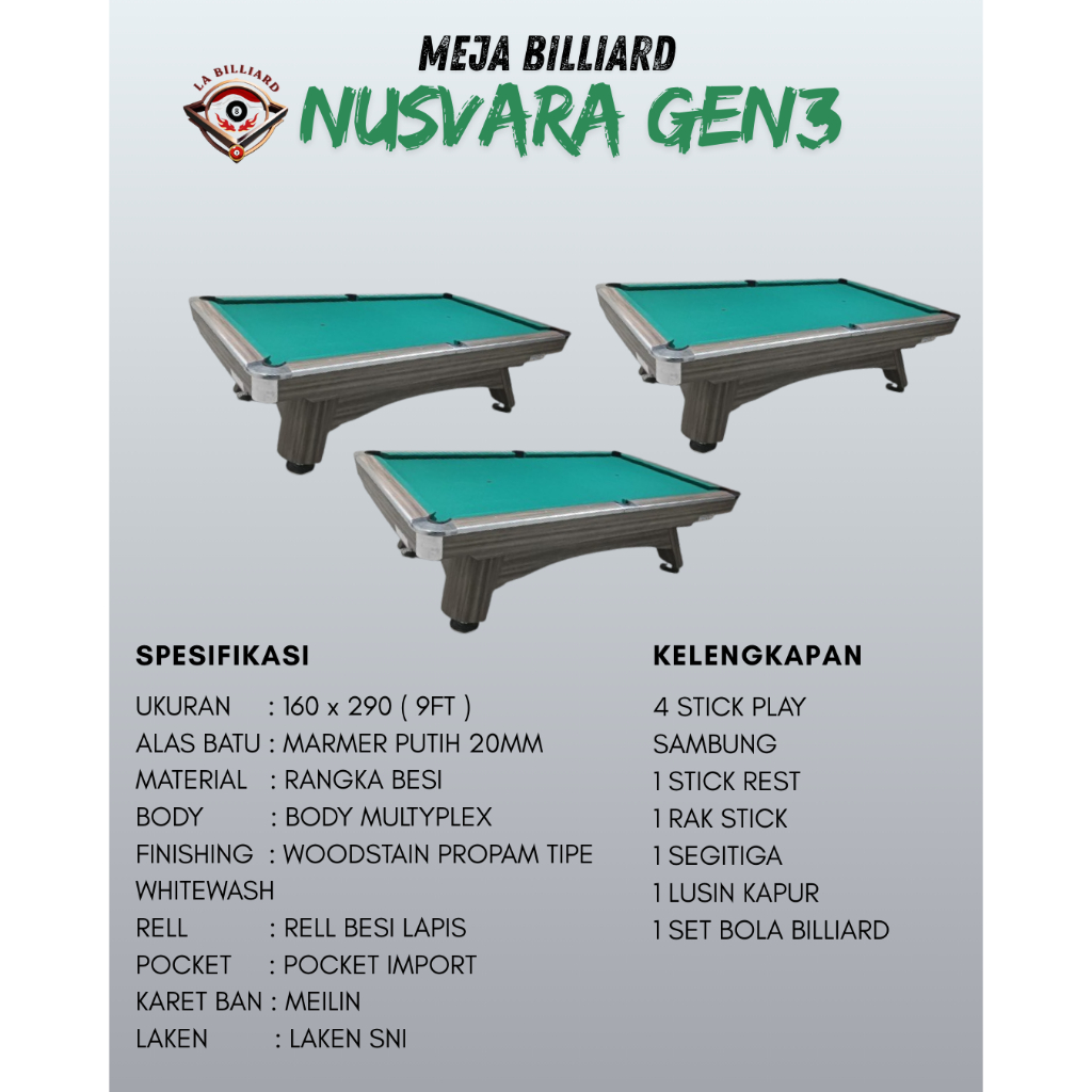Meja Billiard 9FT NUSVARA Gen 3 | Full Set Stik Bola Segitiga Brush Meja Billiard NUSVARA GEN 3 Ukur