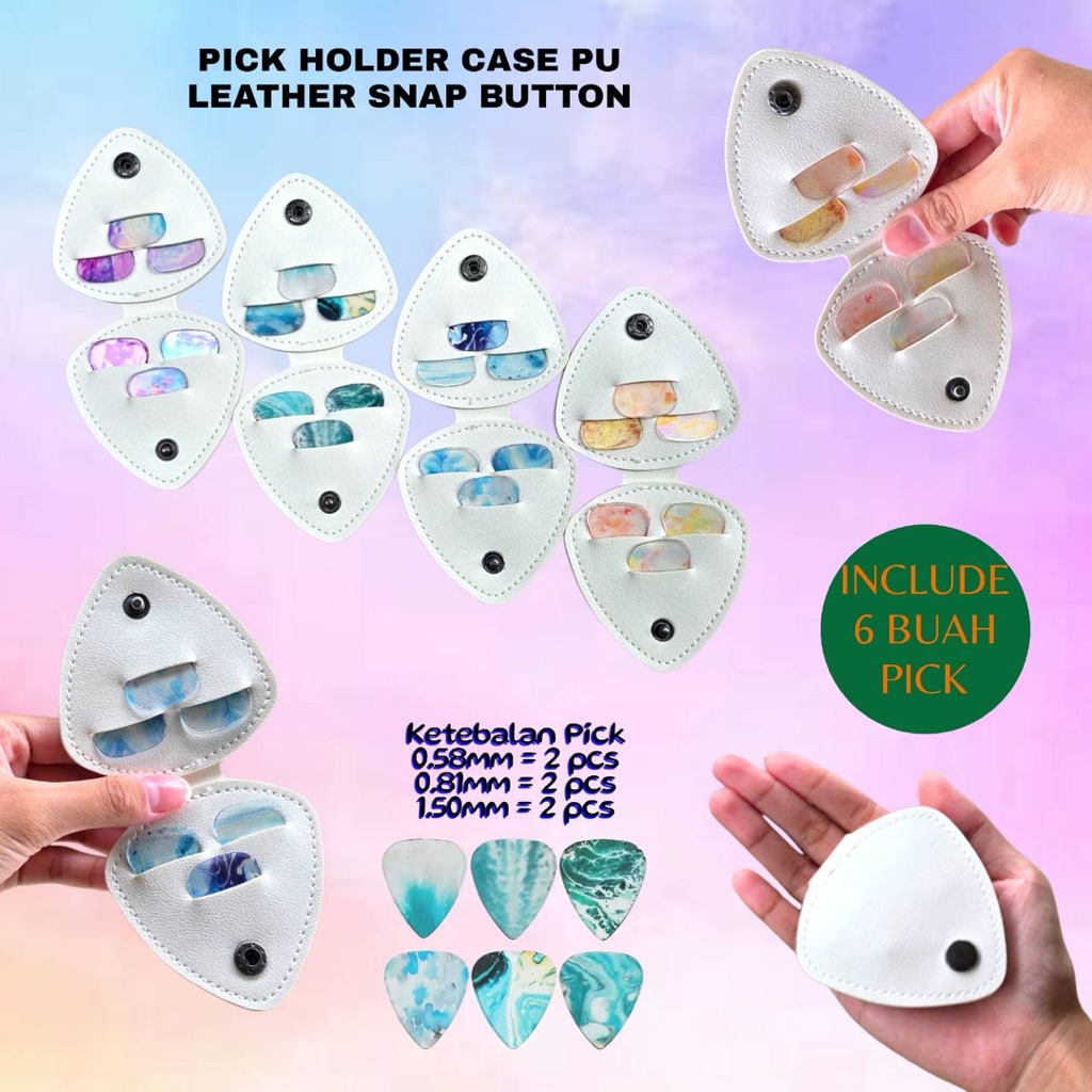 Pick Gitar & Holder Case, Pick Gitar Transparan Pelangi, Holder Pick, Tas pick, Isi 6 pick