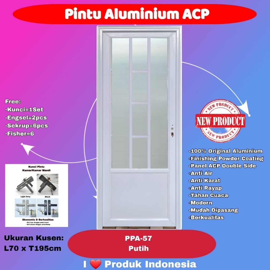 Pintu Full Aluminium Modern-PPA 57-3/4 Kaca Es 5mm-Ornamen-Putih