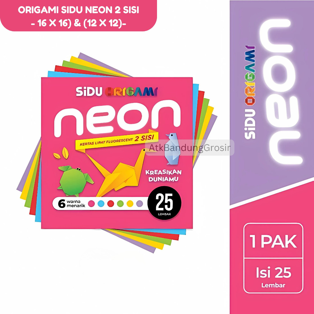 

Kertas Origami Lipat Sinar Dunia SIDU Neon 2 Sisi 12x12 & 16x16 Isi 25 Lembar - Pak