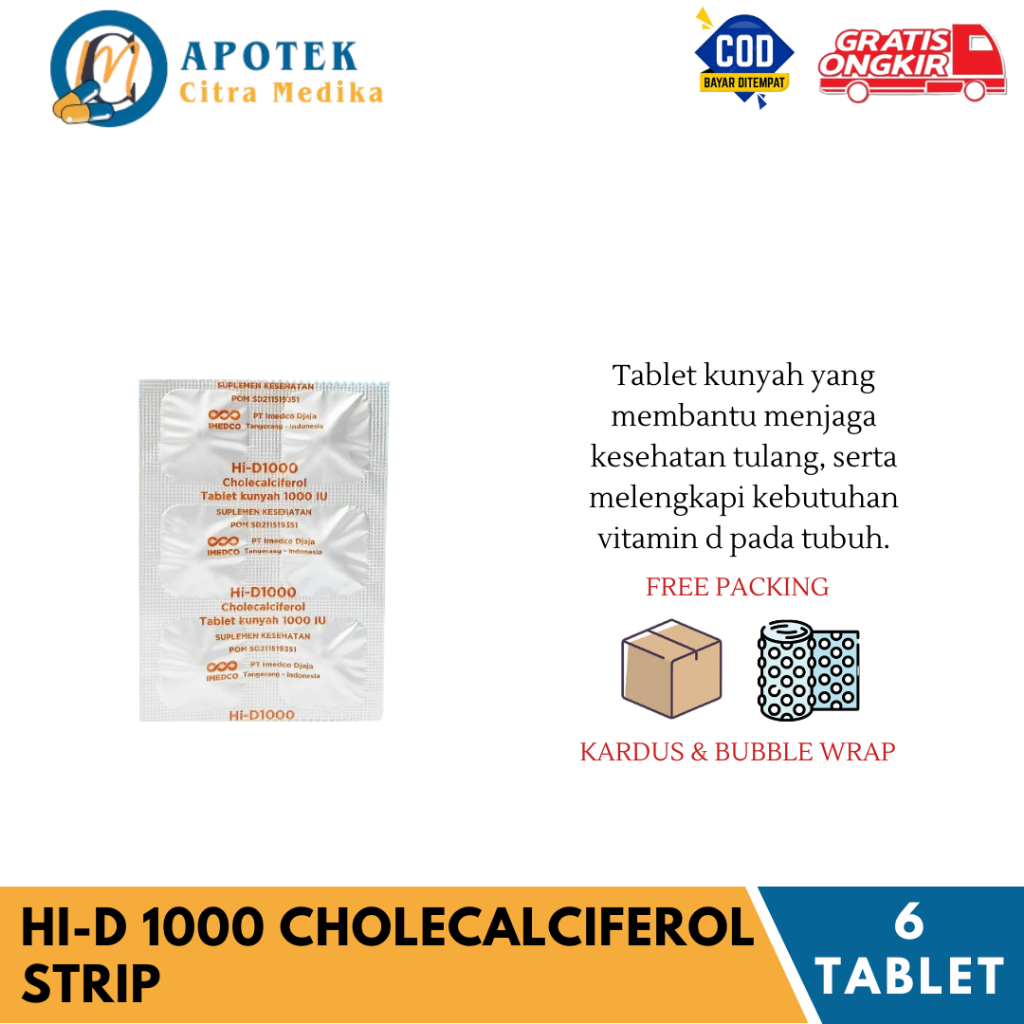 Hi-D1000 Cholecalciferol 𝟏 𝐒𝐓𝐑𝐈𝐏 𝐈𝐒𝐈 𝟔 𝐓𝐀𝐁𝐋𝐄𝐓 - Suplemen Vitamin D 1000IU Menjaga Kesehatan Tulang