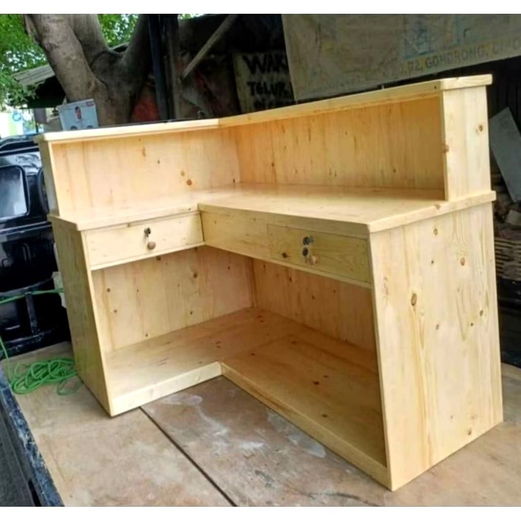 MEJA KASIR LETER L /MINI bar cafe/meja resepsonis/meja kayu jati belanda