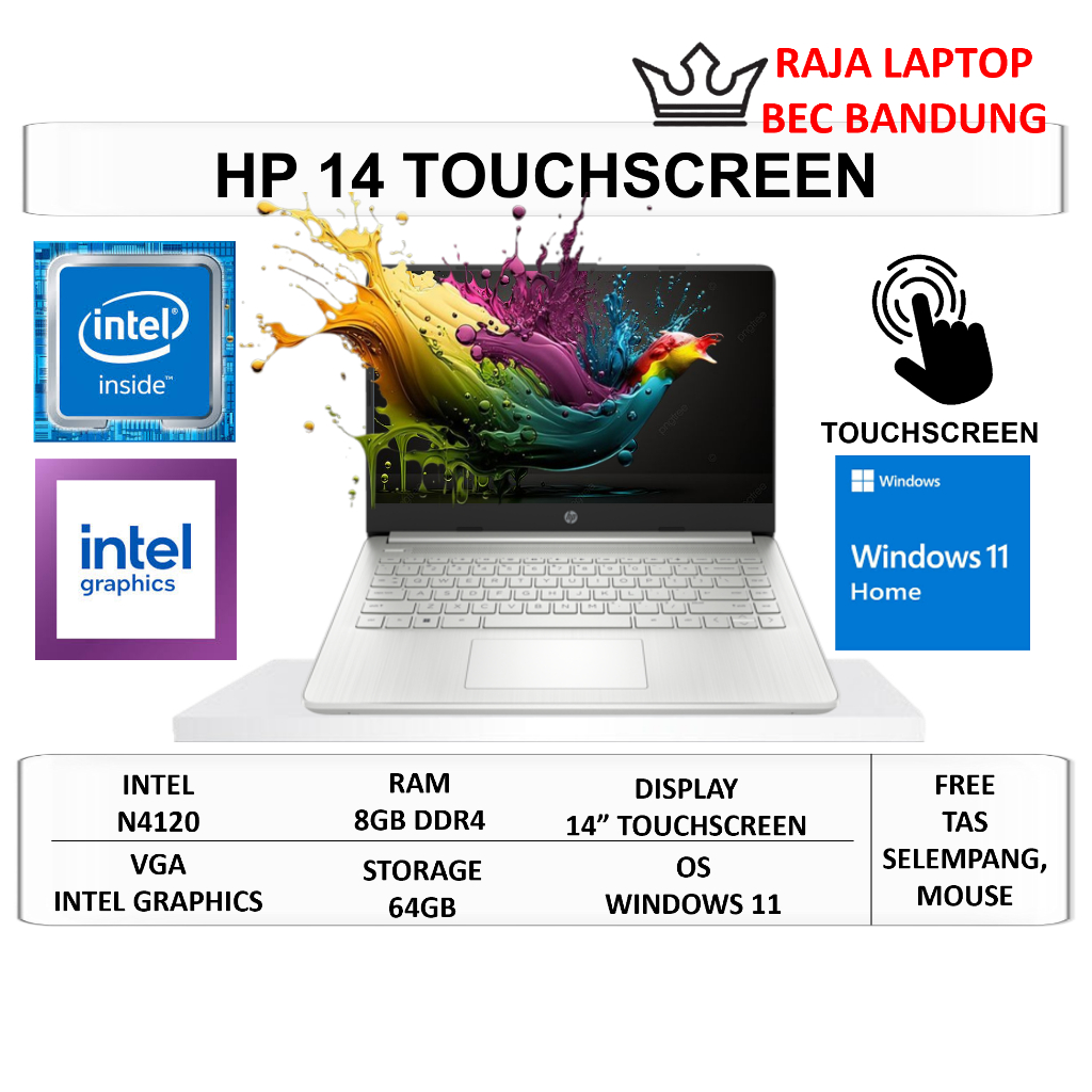 Laptop HP 14 Intel N4120 Ram 8GB 14" Touchscreen Windows 11 Home